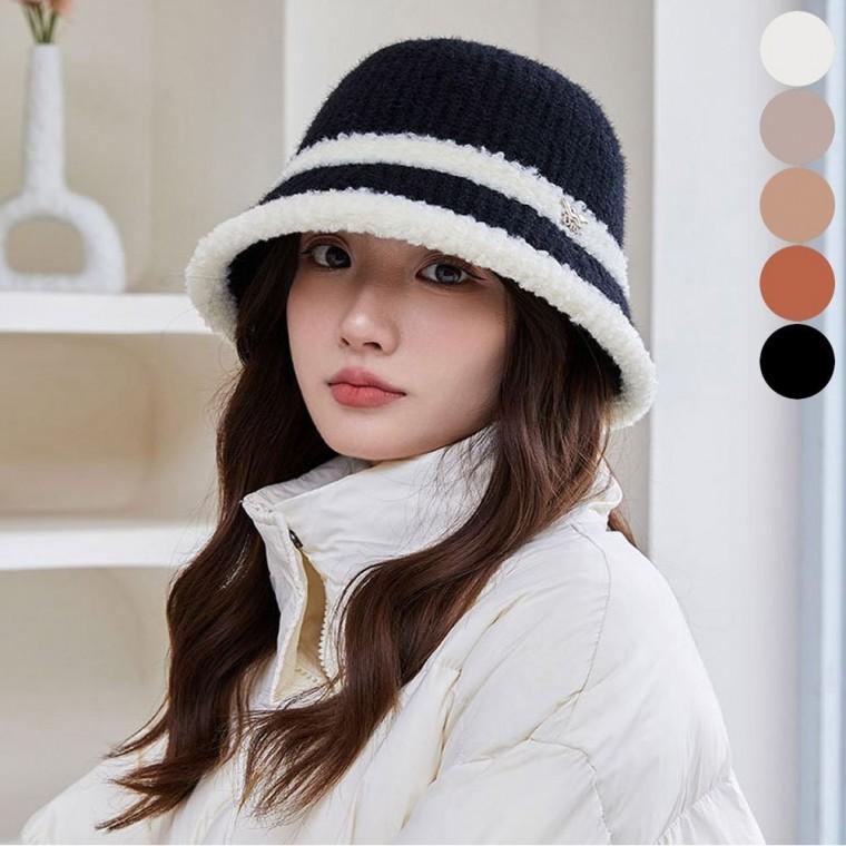 두줄 버킷햇 여자 뽀글이 벙거지모자 방한 니트 겨울