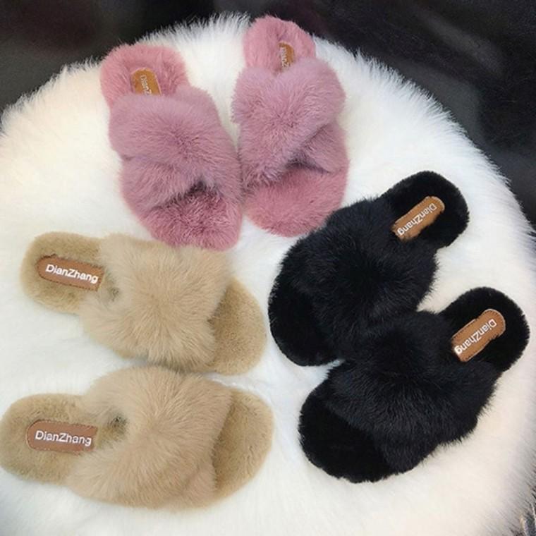 슬리퍼 스트랩 실내화 인조 겨울 털 퍼 여자 엑스 뮬