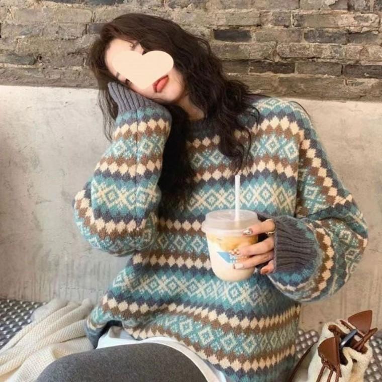 스웨터 니트 겨울 여자 루즈핏 2color 노르딕 패턴