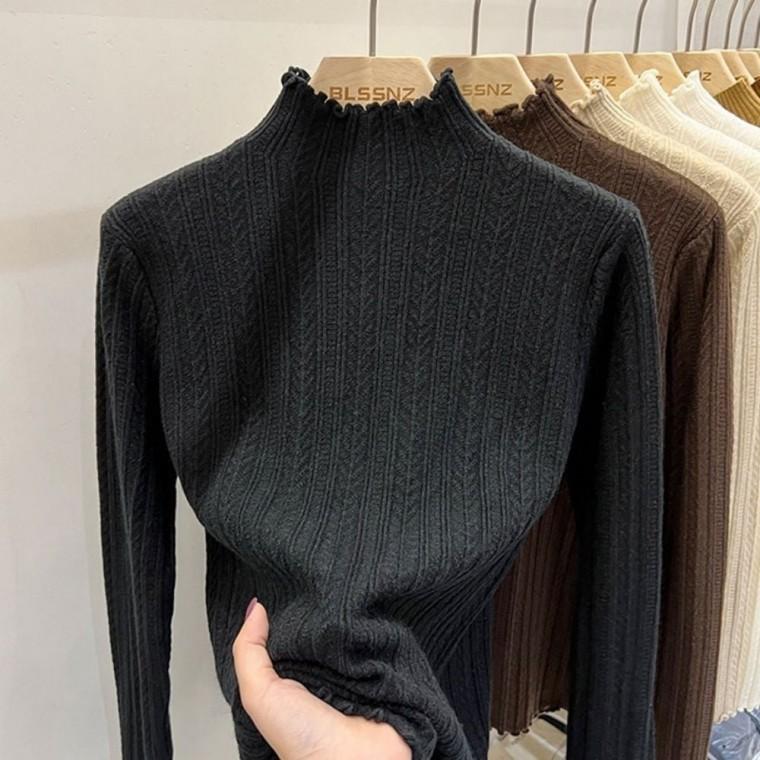 니트 여자 겨울 반목 스웨터 5컬러 이너 프릴넥 슬림핏