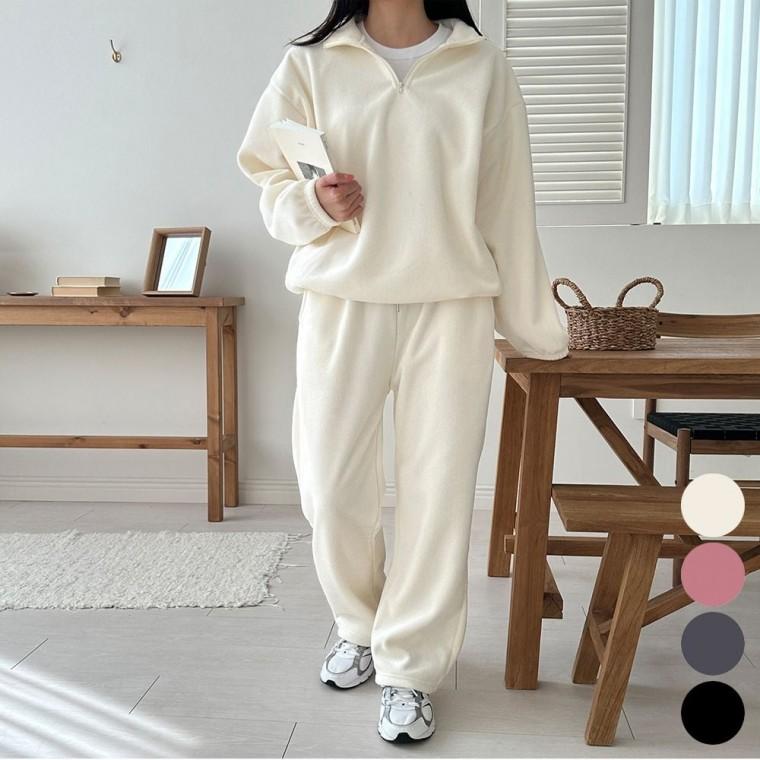 일자바지 기모안감 겨울 반집업 세트 여자 트레이닝복