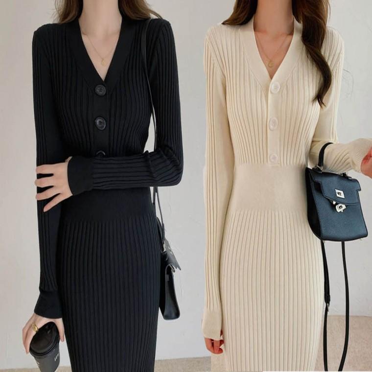 여자 V넥 롱 슬림핏 니트 골지 이너 니트원피스 겨울