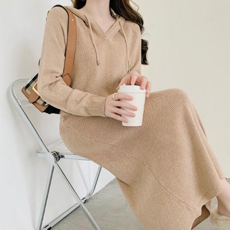 롱 데일리룩 달린 니트 겨울 여자 원피스 편한 후드