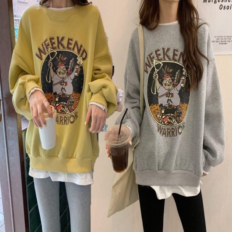 기모 티셔츠 프린팅 여자 루즈핏 겨울 맨투맨 안감