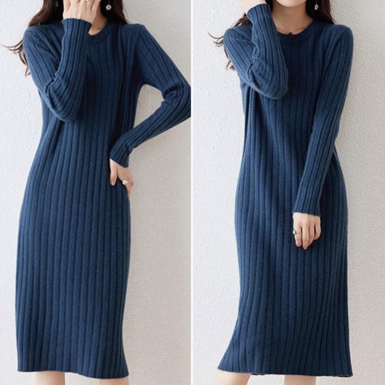 이너 골지 라운드넥 4color 겨울 니트 원피스 미디