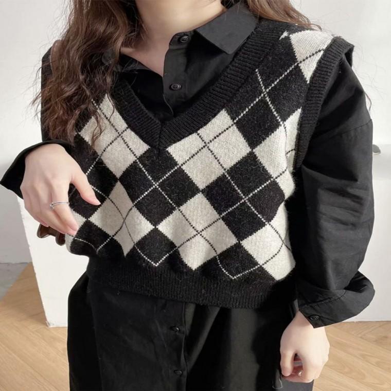 패턴 겨울 아가일 조끼 여자 레이어드 니트 V넥 가을