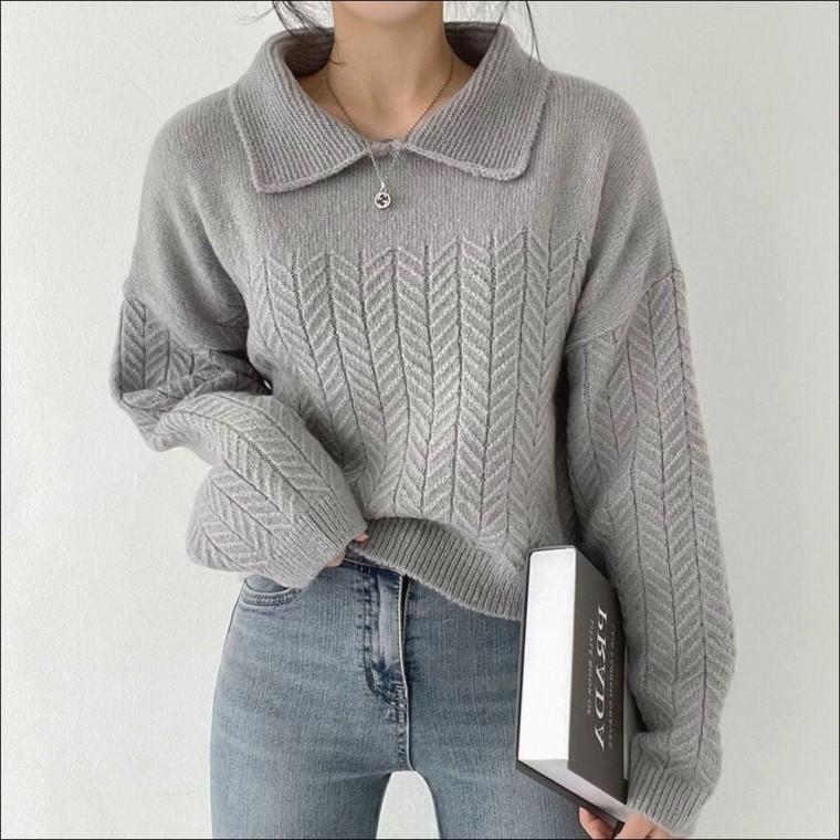 3컬러 스웨터 긴팔 겨울 카라 헤링본 여자 니트 루즈핏 크롭 상의