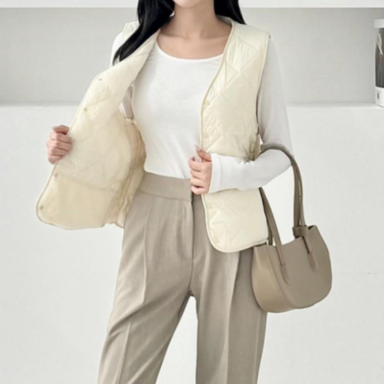 아우터 베이직 겨울 퀄팅 데일리 패딩조끼 아이보리 경량