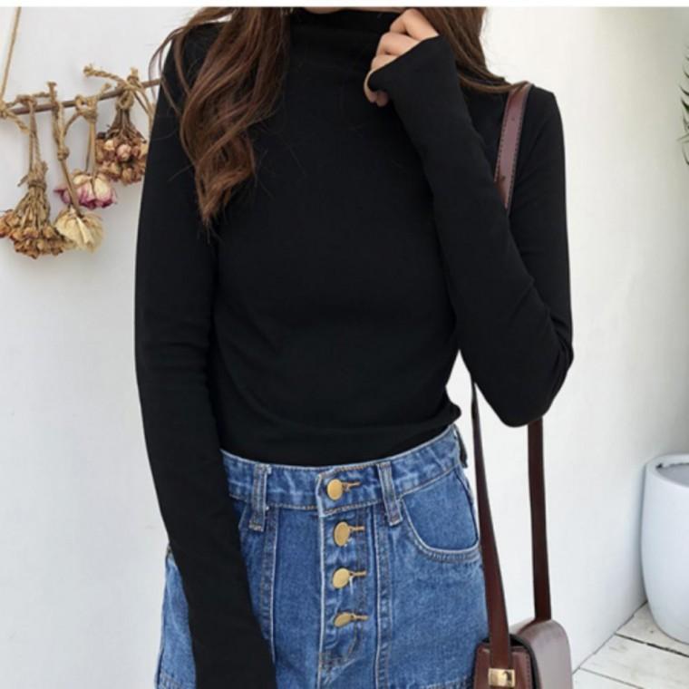 기모 목폴라티 슬림 여성 라운드넥티 하프 데일리 겨울 티셔츠