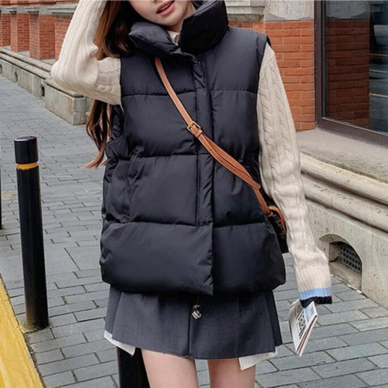 레이어드 하이넥 겨울 루즈핏 여성 2색 데일리 패딩조끼 조끼