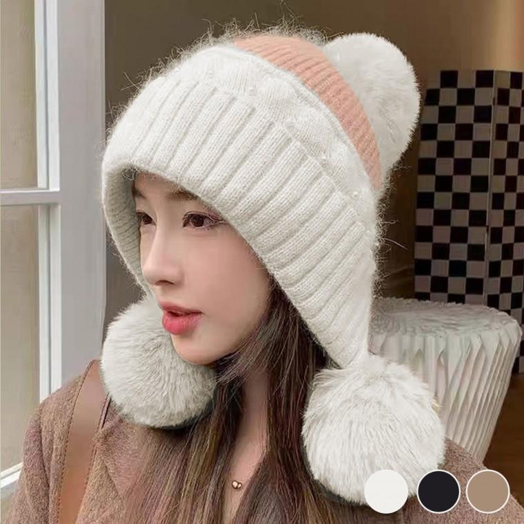 배색 따뜻한 기모 안감 귀여운 여성 니트 방울 모자