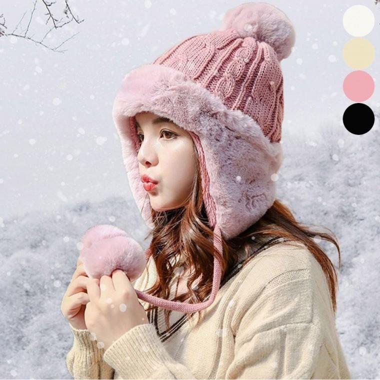 여성 인조퍼 왕방울 귀달이 방한 비니 모자 기모 여성 여자모자 니트비니 귀달이비니