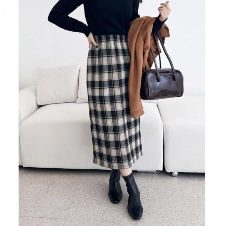 뒤트임 여성 기모 롱스커트 라인 겨울 체크 치마 롱치마 여자 H라인스커트 여성 롱스커트 기모