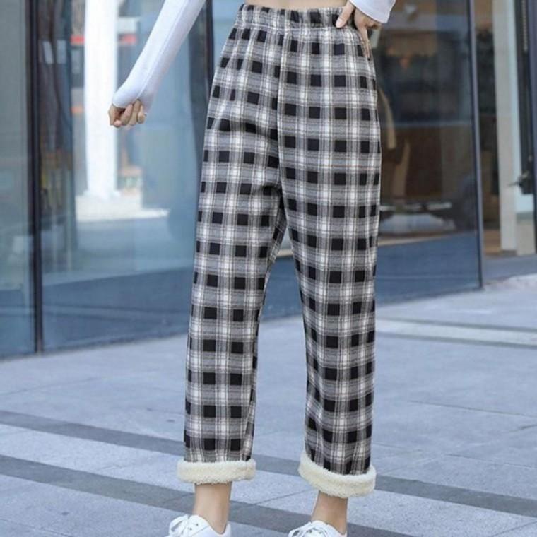 4색 개 체크 기모바지 밴딩 밴딩팬츠 보온 방한 와이드핏 일자팬츠 하이웨스트 여성 여자 바지 기모