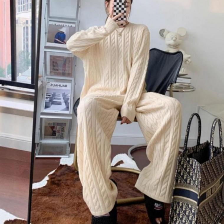 여성 겨울 케이블 꽈배기 니트 스웨터 티셔츠 바지 세트 기모 남성 모자 여성 작업복 골덴 카고팬츠