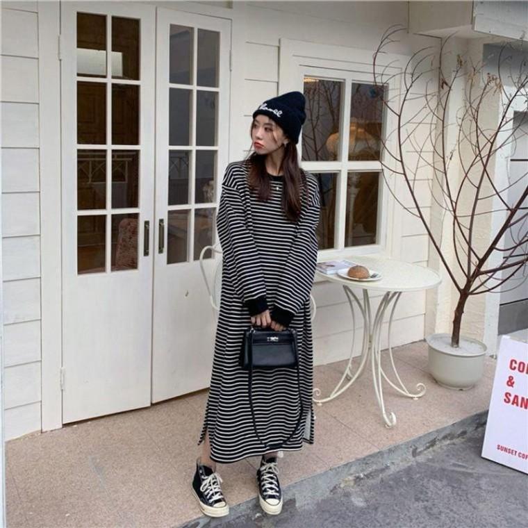 라운드넥 루즈핏 겨울원시프 약기모 빅사이즈 원피스 오버핏원피스 스트라이프원피스 기모원피스 두꺼운원