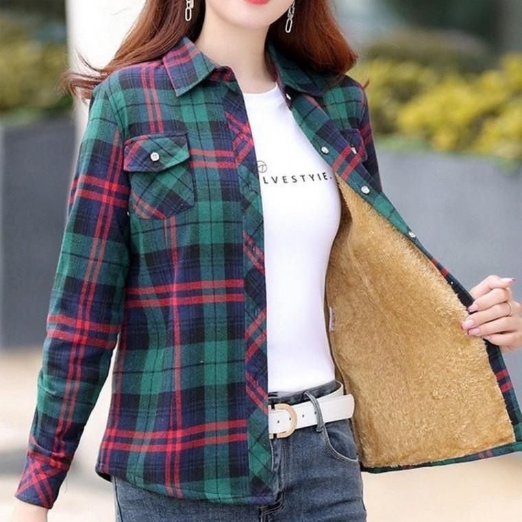 기모체크남방 겨울 융털 여성 기모셔츠 슬림핏 여자 방한 여성셔츠