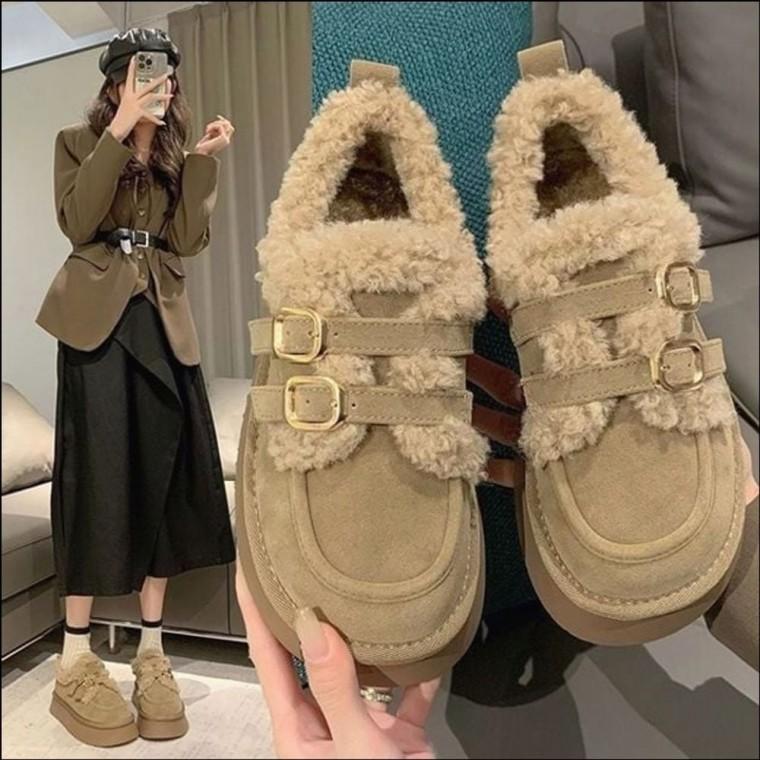 뽀글이 여자 겨울 버클 퍼안감 스트랩 기모 모카신 단화