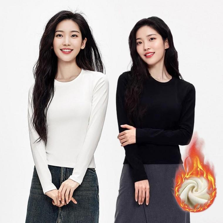 슬림핏 기모티셔츠 세미크롭 면티 라운드넥 스판 긴팔 티셔츠 레이어드티