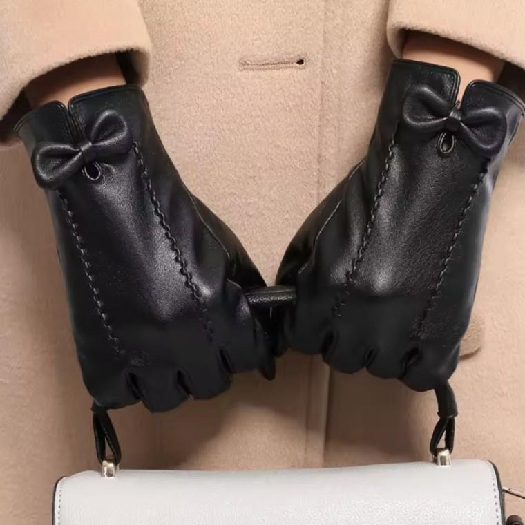 따뜻한 가죽장갑 여성 기모안감 스마트터치 리본장식