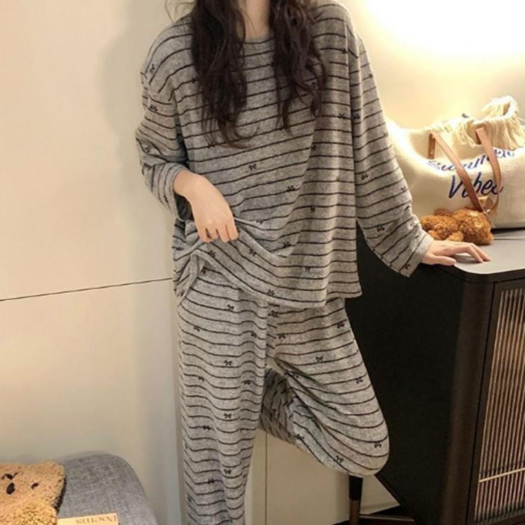여성 편안하고 따뜻한 약기모 스트라이프 귀여운 패턴 홈웨어 세트