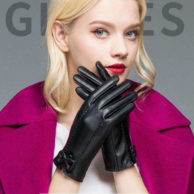 리본 포인트 물결무늬 여성 스마트터치 기모 가죽장갑