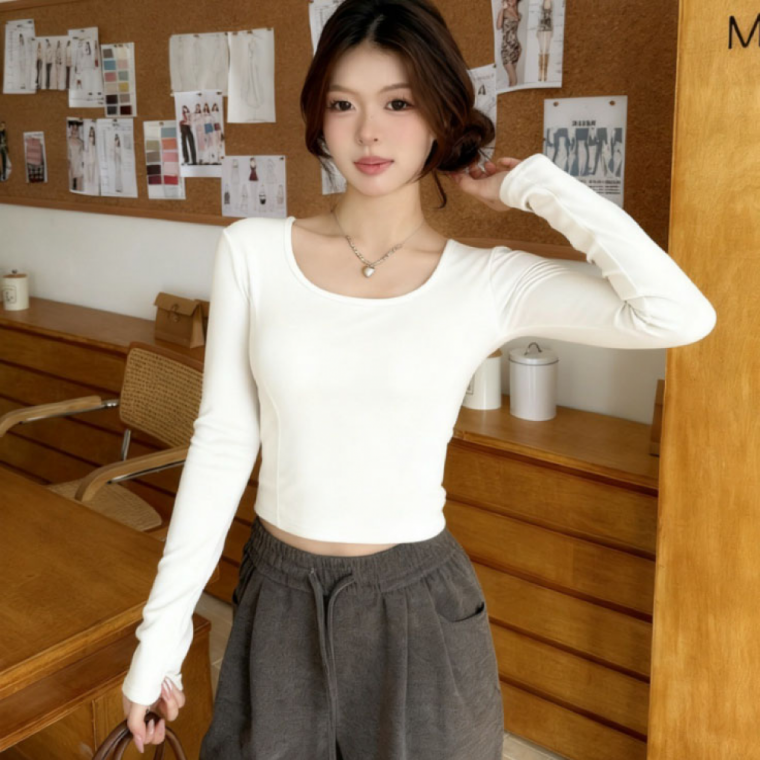 스퀘어넥 가슴패드 슬림 크롭티셔츠 약기모