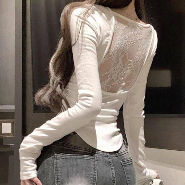 여성 백포인트 시스루 레이스 페미닌 기모 긴팔티 2색