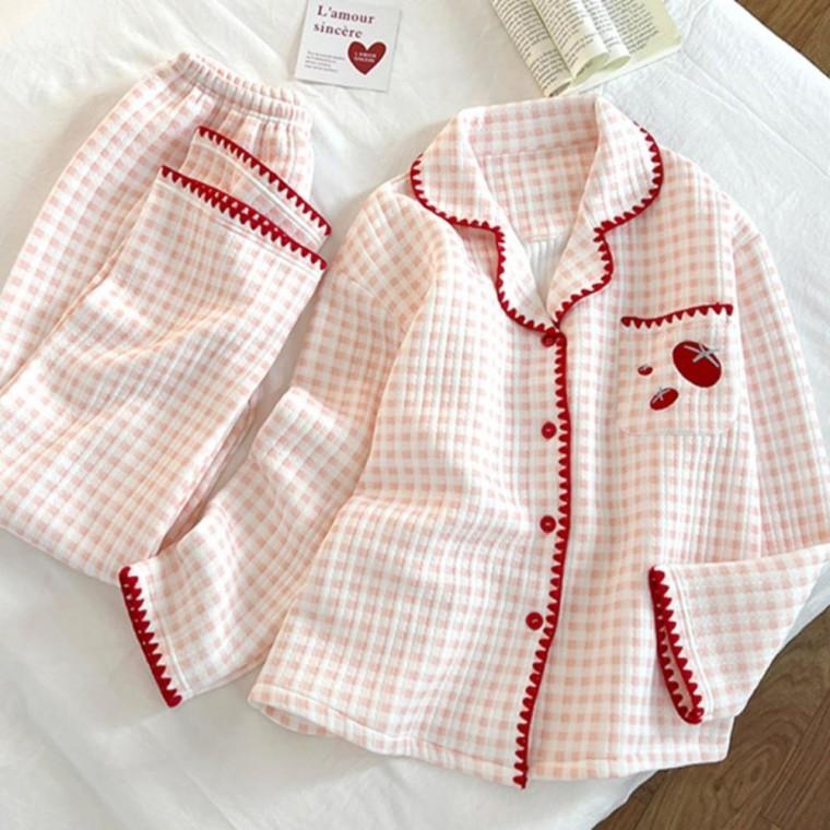 토마토 누빔 기모 겨울 체크 수면 잠옷 파자마 세트