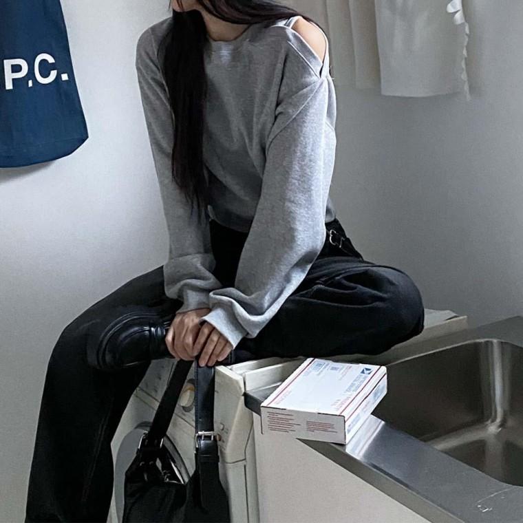 오픈숄더 기모 맨투맨 빅사이즈 티셔츠다솜결