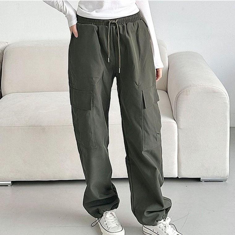 남녀공용 기모 카고 스트링 와이드 팬츠