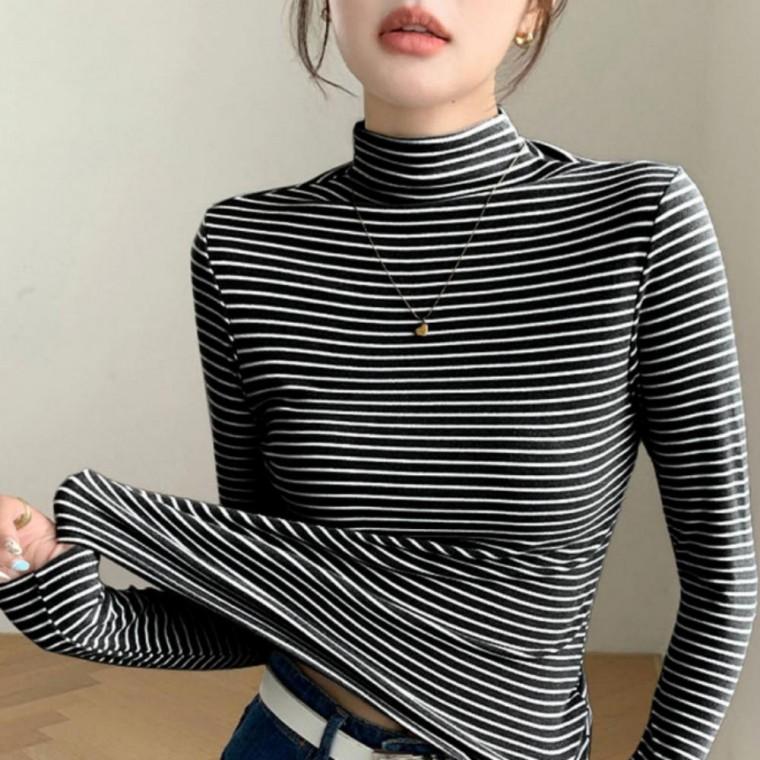 여성 겨울 기모 스트라이프 반목 목폴라 터틀넥 티셔츠