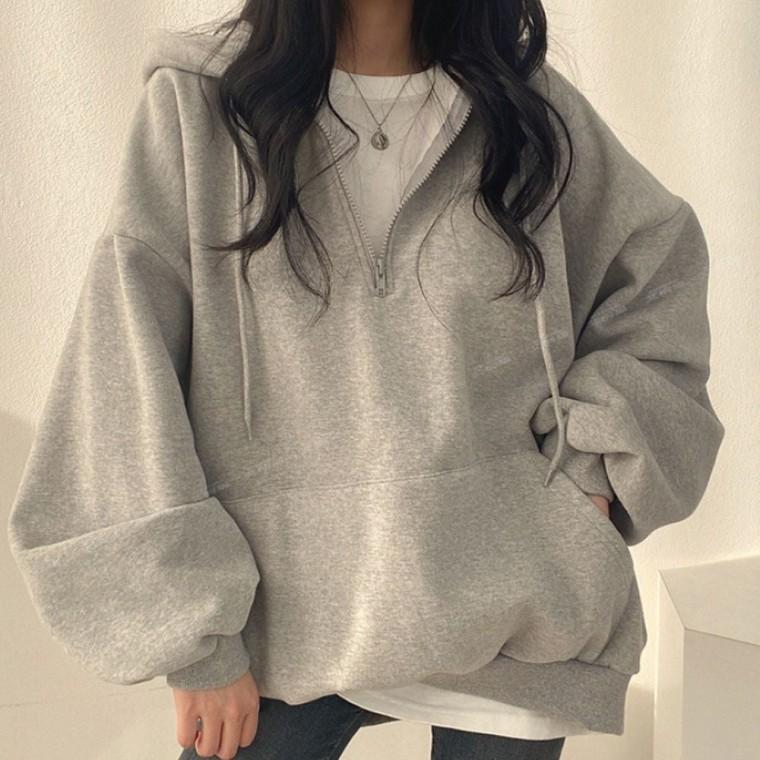 그레이 데일리 여자 기모 후드티 후드 오버핏 반집업
