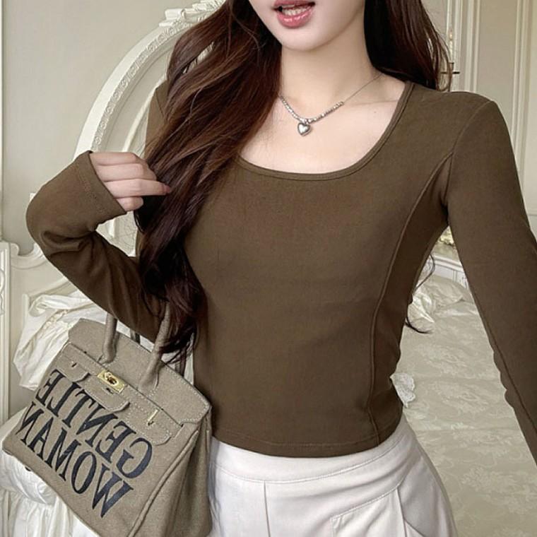 여자 스퀘어넥 크롭 약기모 데일리 티셔츠