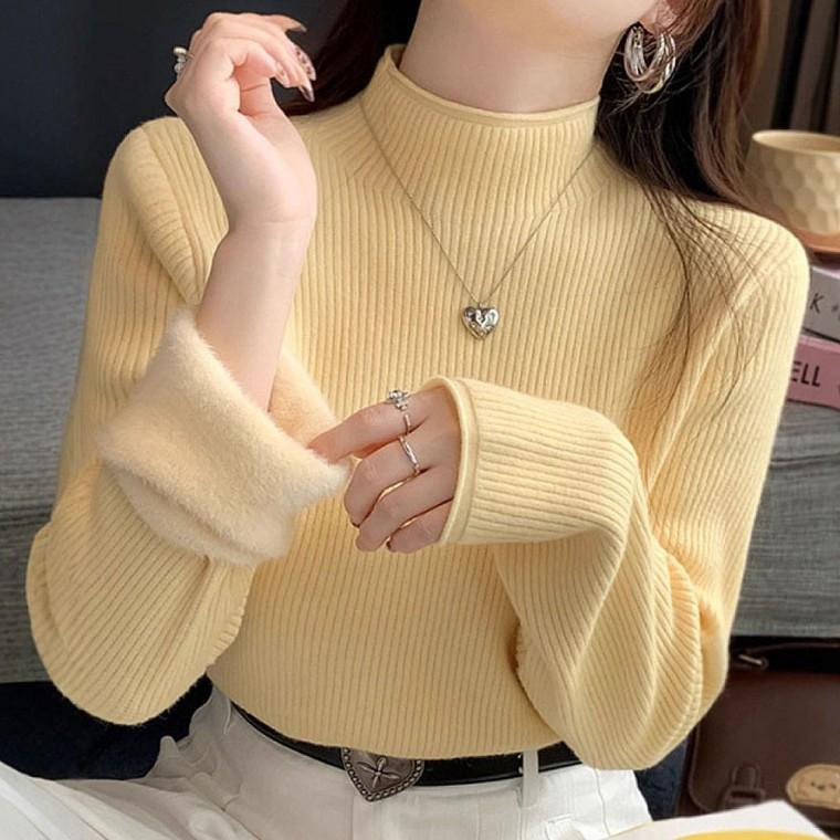 여자 기모 골지 반폴라 슬림핏 이너 티셔츠