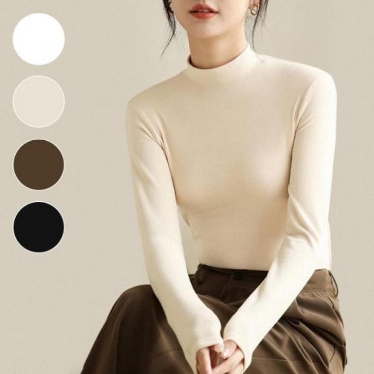 기모 목폴라티 여자 겨울 스판 터틀넥 긴팔 티셔츠