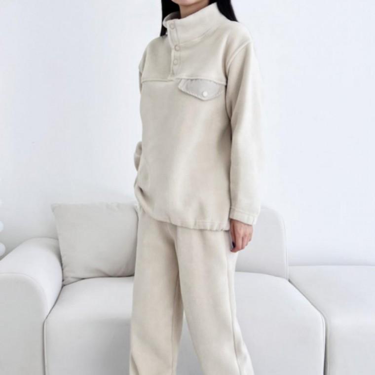 여성 포켓 기모 반집업 단추 맨투맨 트레이닝 팬츠 세트