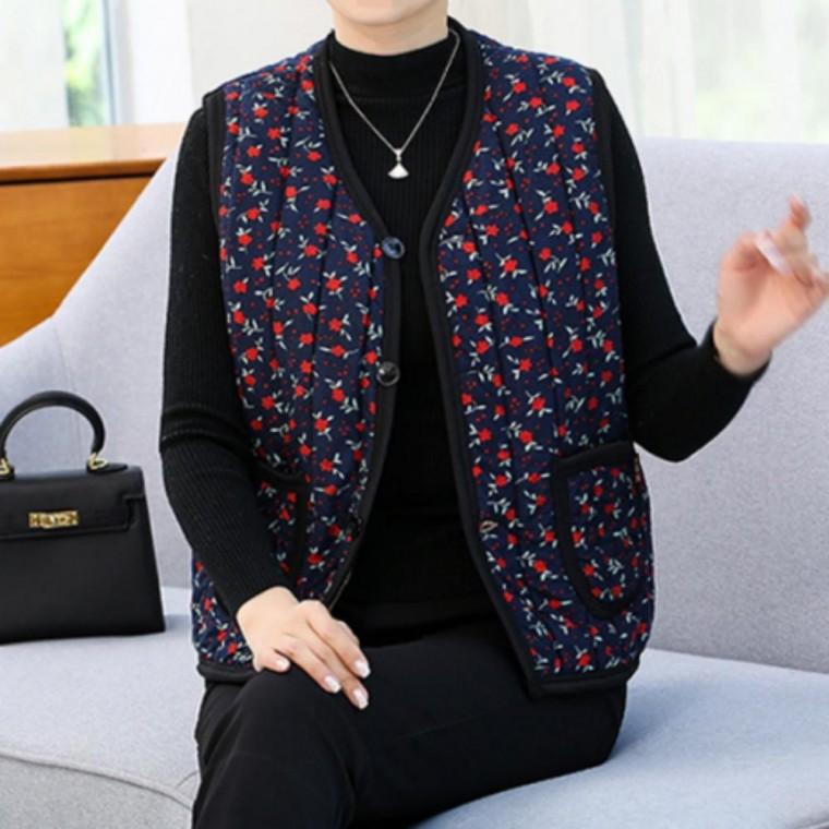 베스트 조끼 여성 브이넥 꽃무늬 기모 할머니