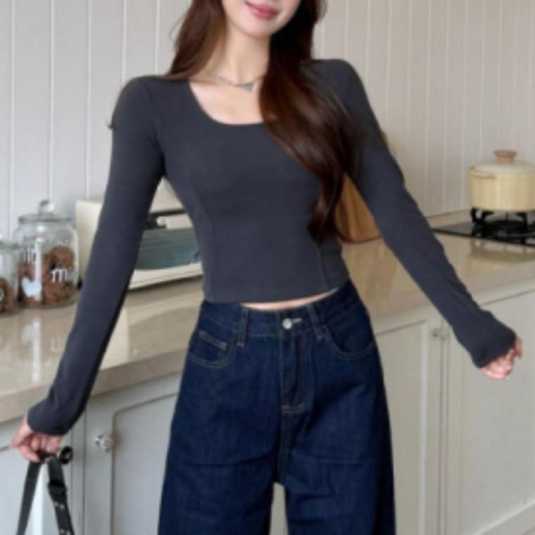 6컬러 약기모 가슴패드 크롭티셔츠 슬림핏 스퀘어넥