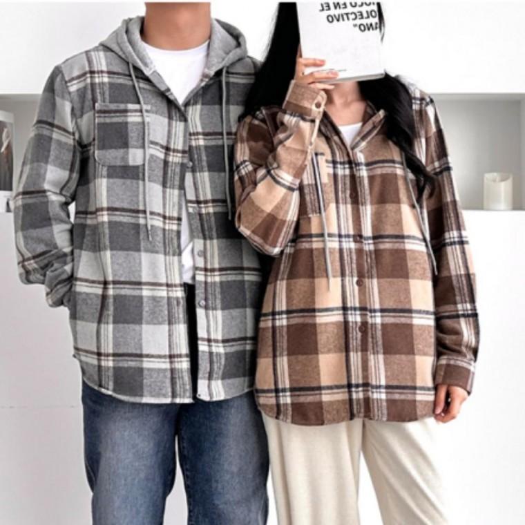 데일리 커플 심플 남녀공용 체크 남방 셔츠 기모후드 부드러운 겨울