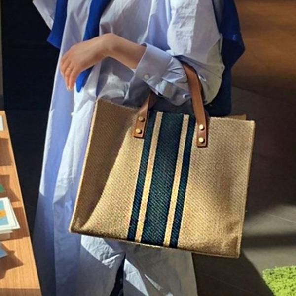 린넨 캔버스 소재 스트라이프 포인트 숄더 토트백