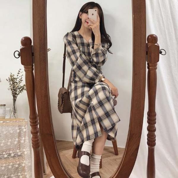 출근룩 데이트 클래식 청순한 체크무늬 라인 원피스