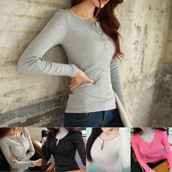 기본 슬림 단추 골지 긴팔 티셔츠 HH-B33