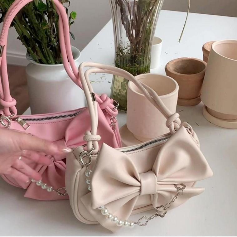 여성 3컬러 러블리 리본 진주 미니 파우치형 숄더백