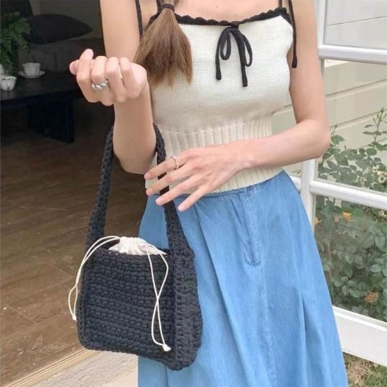니트 짜임 사각 숄더 토트백 파우치 포함