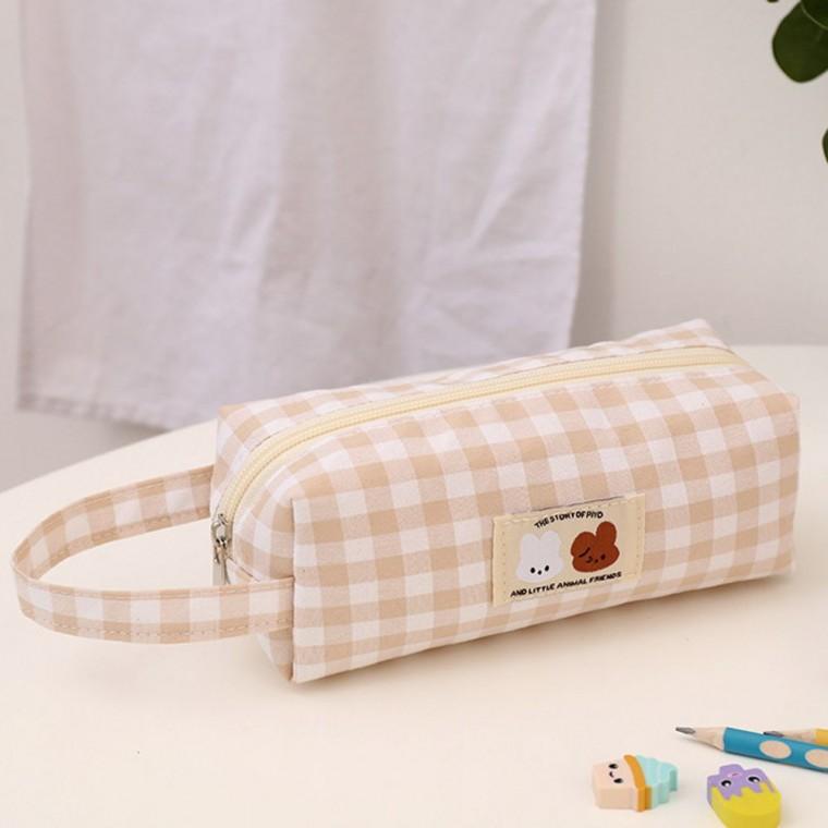 고등학생 천 필통 베이지 체크 펜 대학생 파우치 지퍼 귀여운필통