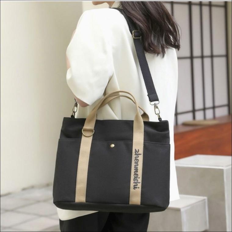 여자 크로스 스트랩 캔버스 데일리 가방 배색 토트백