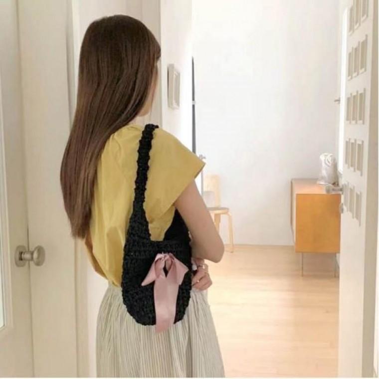 러블리 리본포인트 니트 짜임 가방 데일리 패션