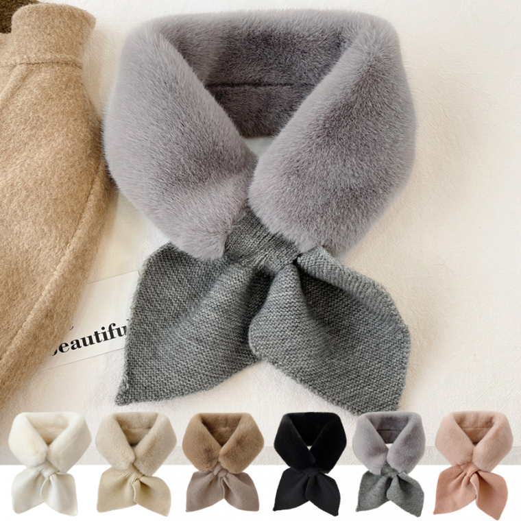 나프커 그레이 겨울 목도리 넥워머 페이크퍼 리본 고리 니트 머플러 방한 털 퍼목도리 페이크밍크 털목도리