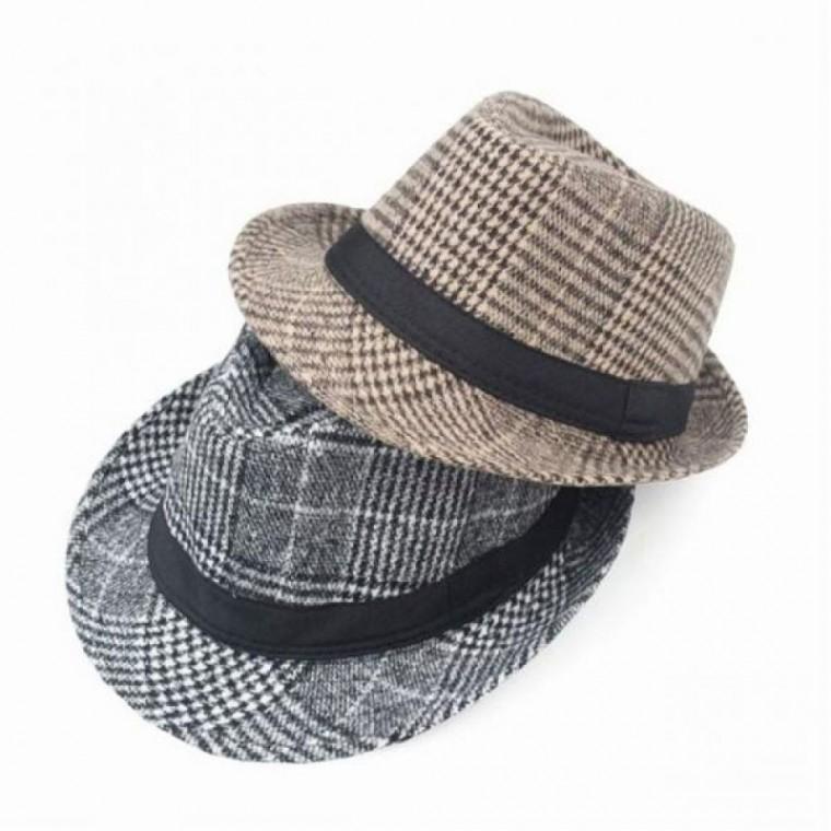 중년 신사모 중절모 겨울 남성 페도라 체크 모직